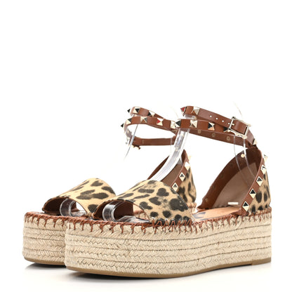 Valentino Garavani Canvas Leopard Print Rockstud Ankle Wrap Espadrille Flatform Sandals 37 Brown 3 of 8
