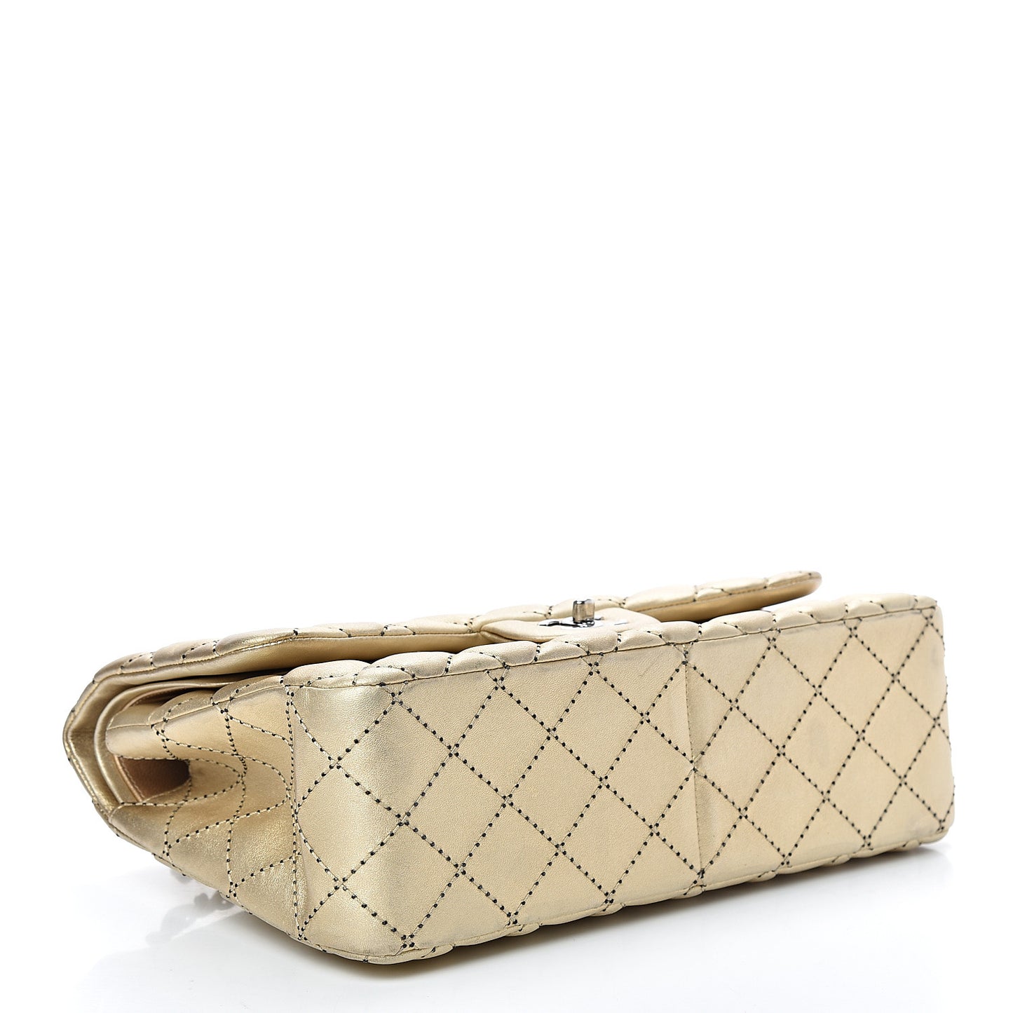 Metallic Washed Lambskin Quilted Jumbo Double Flap Dark Gold Black