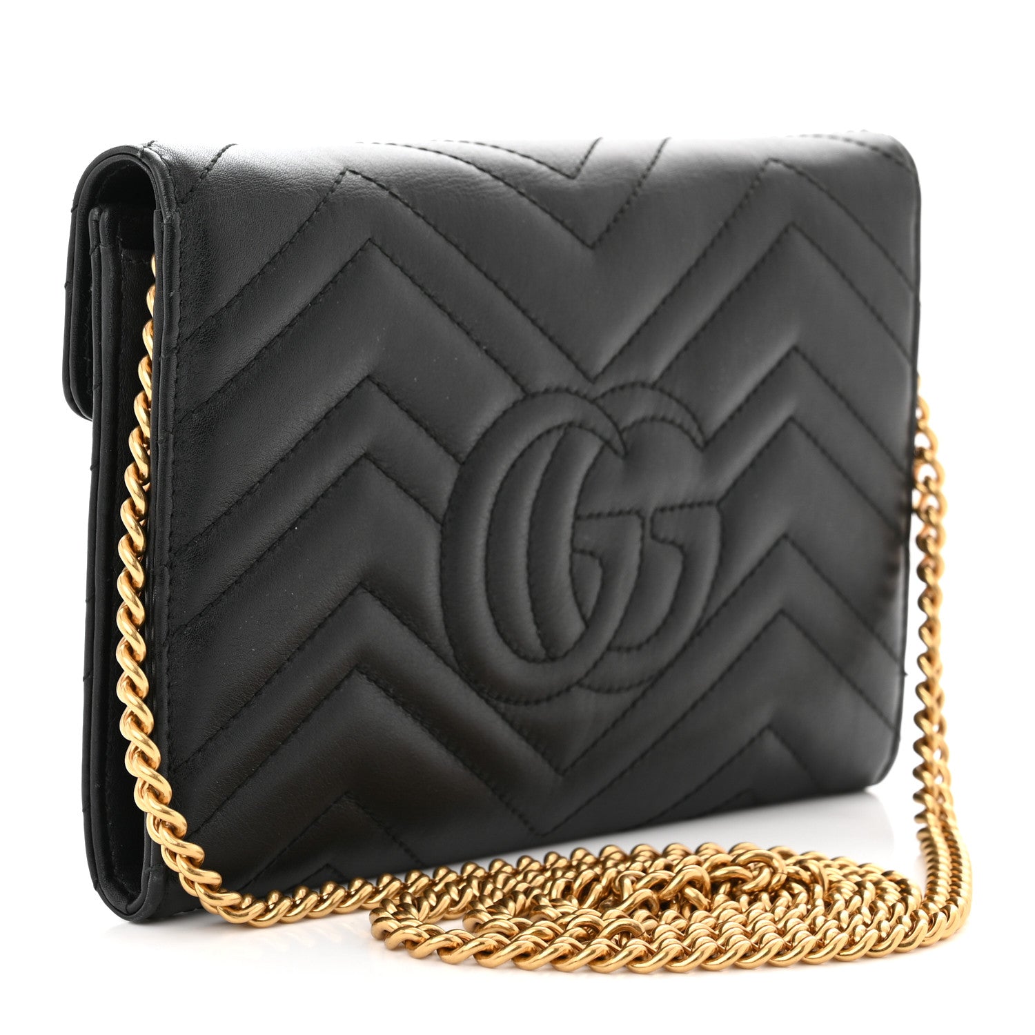 Gucci Calfskin Matelasse Mini GG Marmont Chain Wallet Black 3 of 9