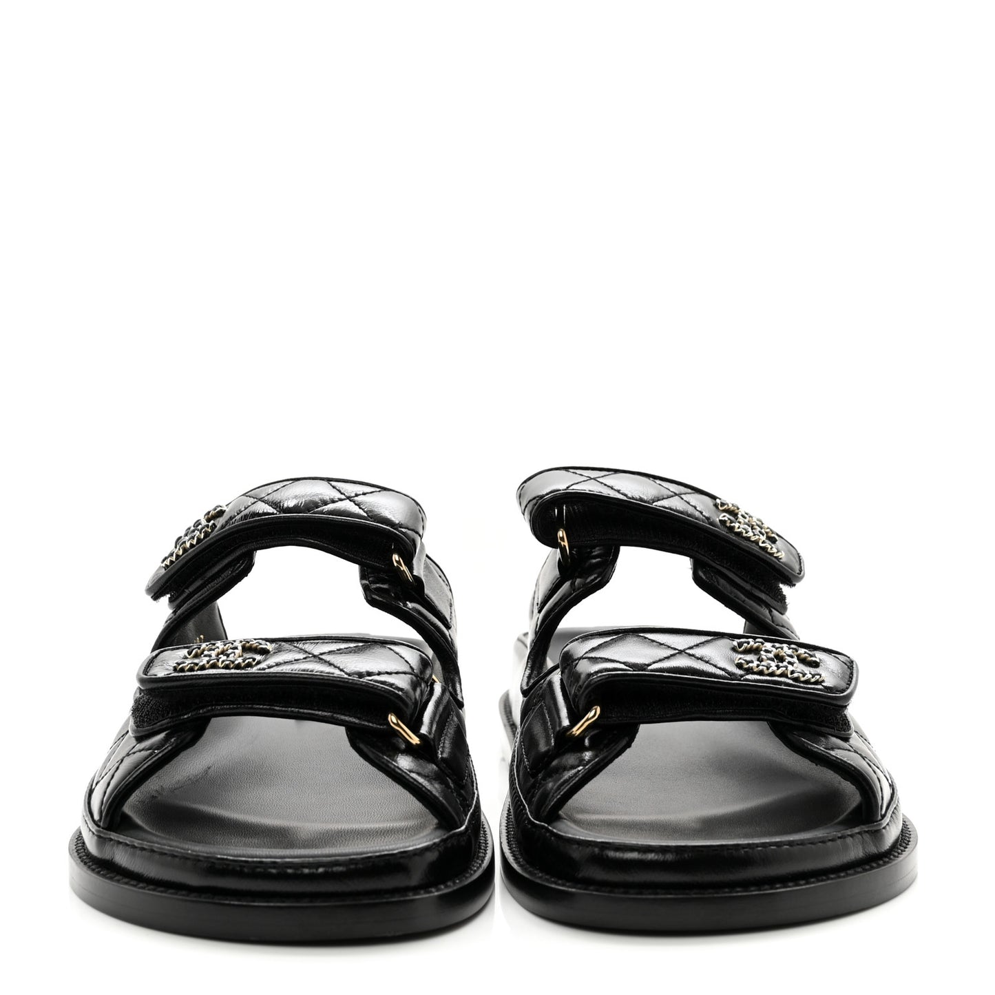 Lambskin Quilted Velcro Dad Chain CC Slide Sandals 38 Black