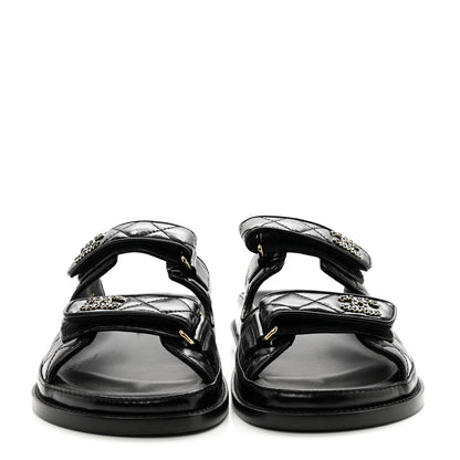 Chanel Lambskin Quilted Velcro Dad Chain CC Slide Sandals 38 Black 3 of 8