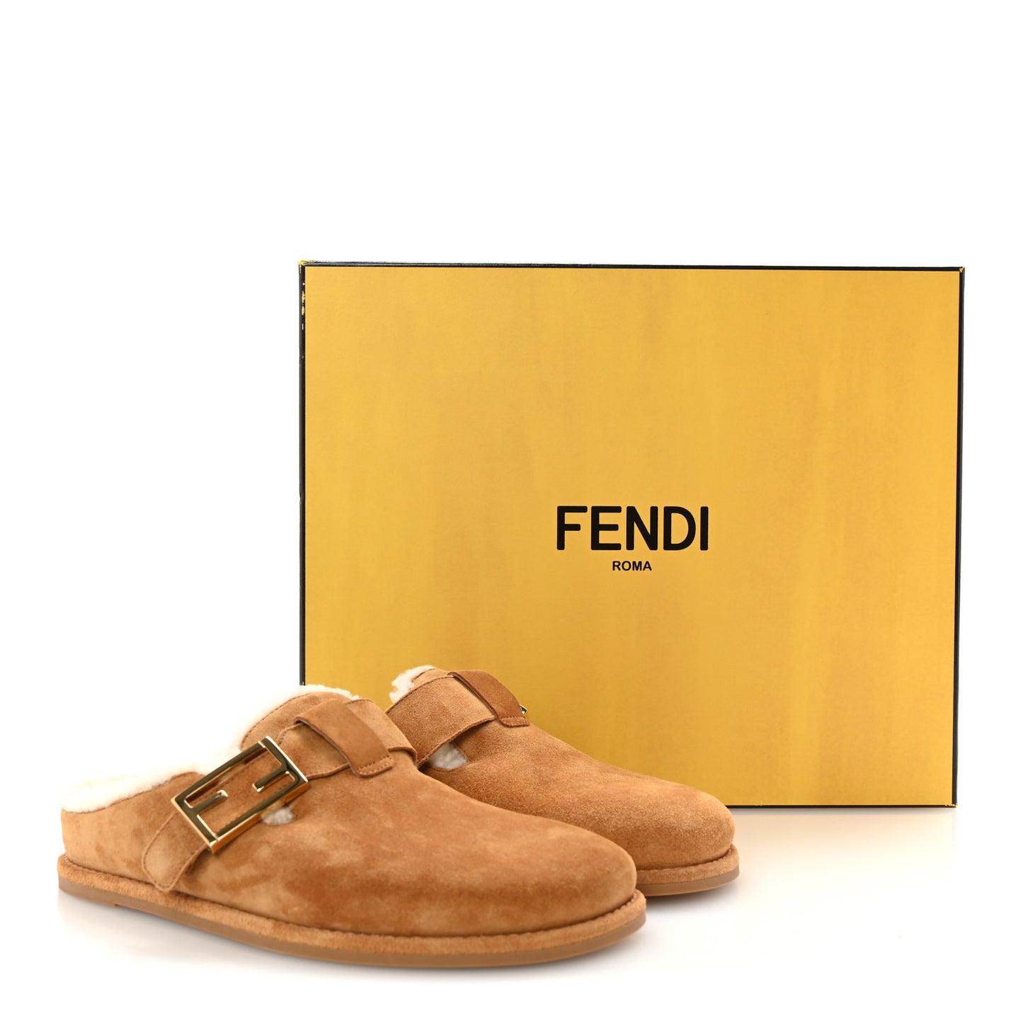 Suede Shearling Fendi Feel Buckled Clogs 38 Caramel Latte