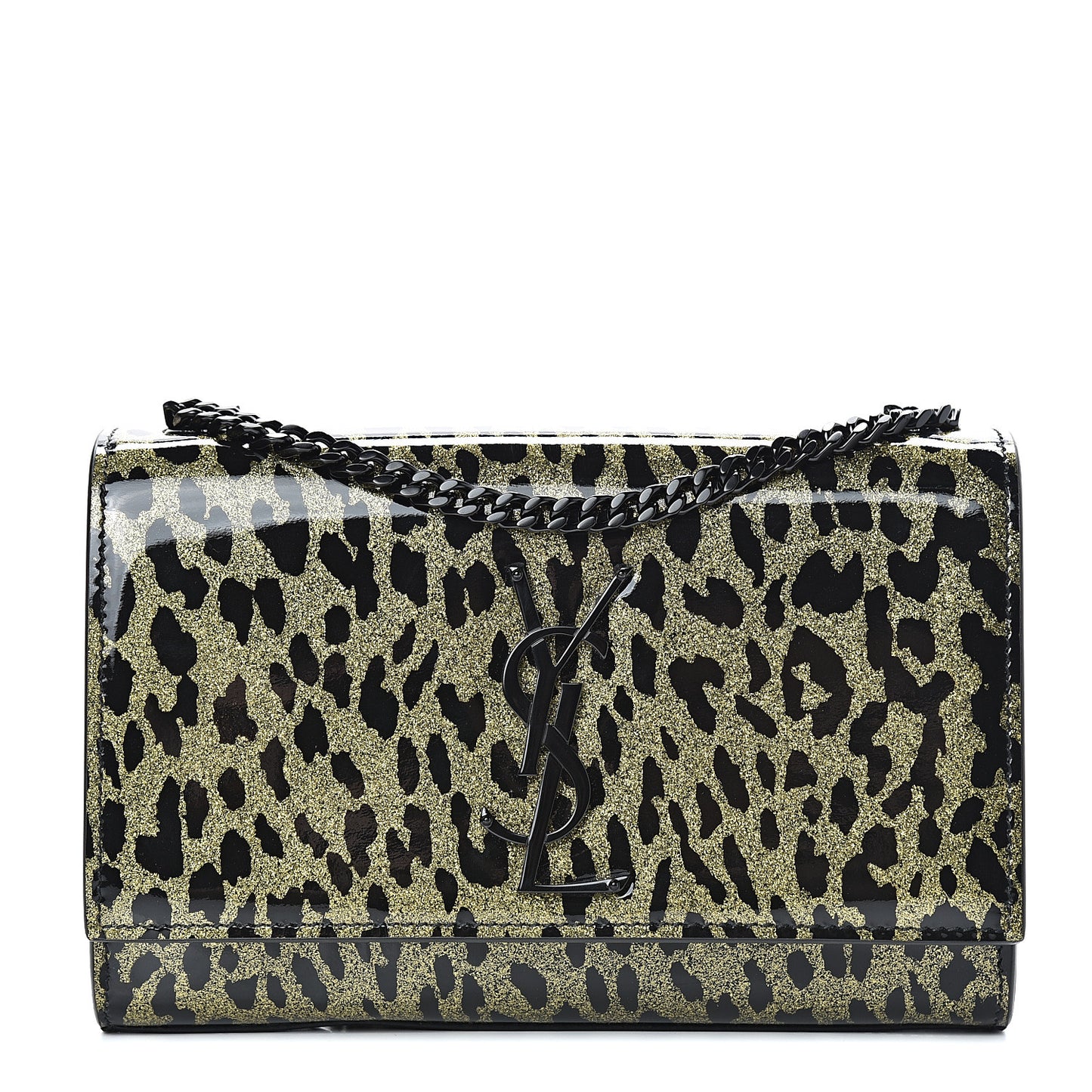Patent Glitter Leopard Small Classic Monogram Kate Chain Wallet Black Gold