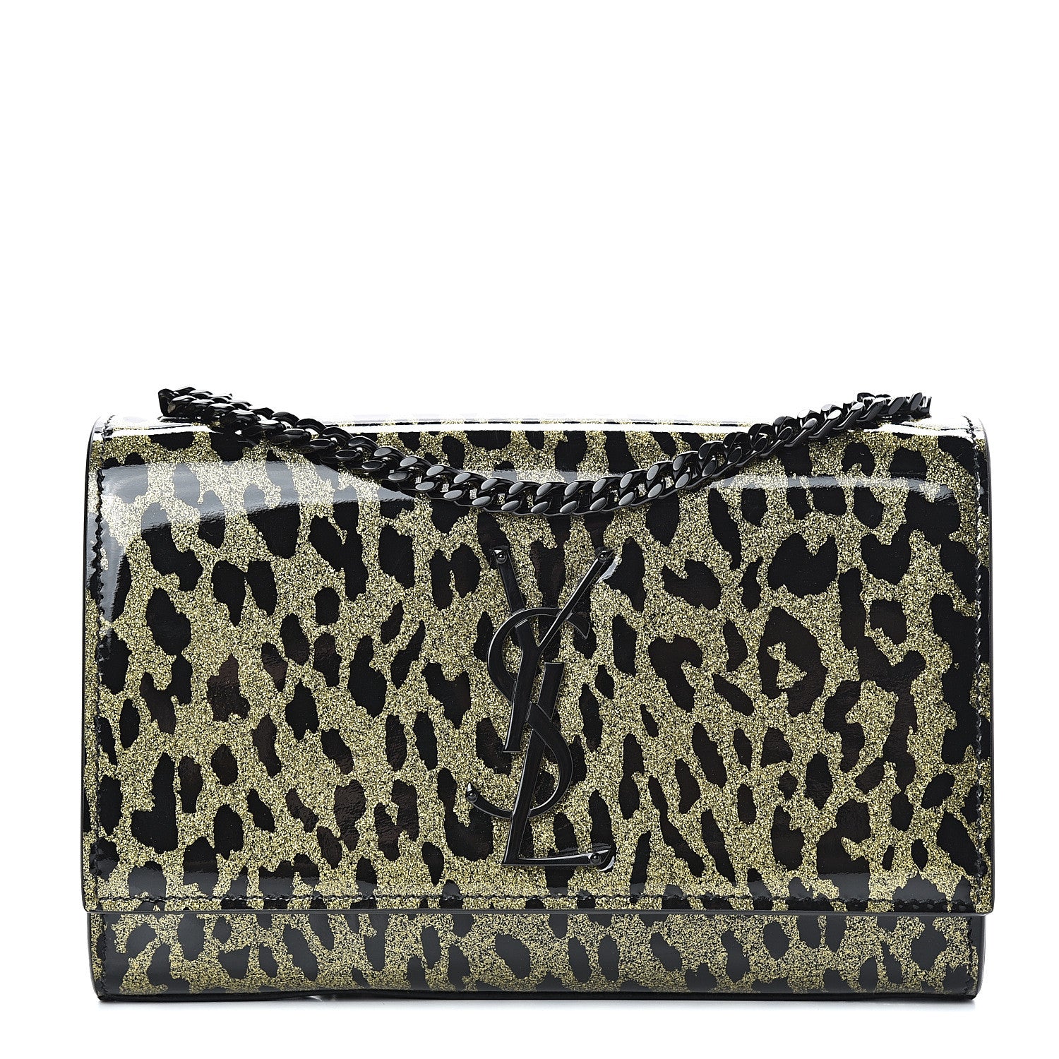 Saint Laurent Patent Glitter Leopard Small Classic Monogram Kate Chain Wallet Black Gold 1 of 9
