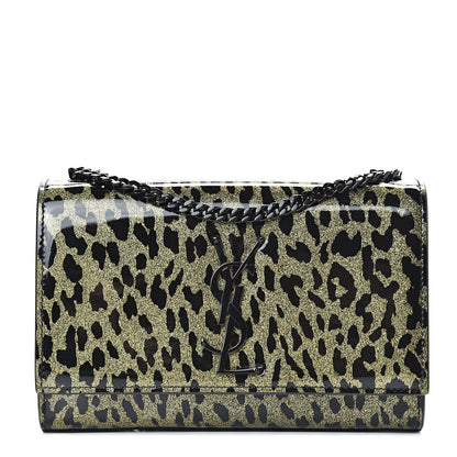 Saint Laurent Patent Glitter Leopard Small Classic Monogram Kate Chain Wallet Black Gold 1 of 9