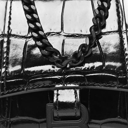 Balenciaga Shiny Calfskin Monochrome Crocodile Embossed Hourglass Top Handle Bag Mini with Chain Black 8 of 10