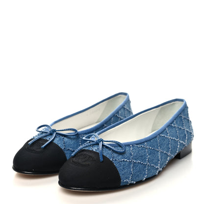 Chanel Denim Embroidered Grosgrain CC Cap Toe Ballerina Flats 38 Blue Black 3 of 9