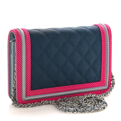 Chanel Canvas Quilted Fluo Boy Wallet On Chain WOC Dark Navy Fuchsia Grey 2 of 9