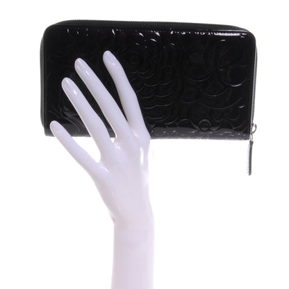 Chanel Patent Camellia Embossed Large Gusset Zip Wallet Black 2 of 9
