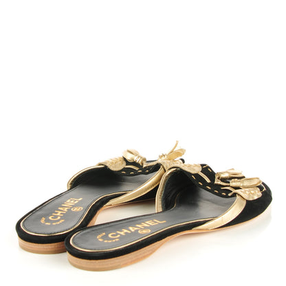 Chanel Metallic Lambskin Suede Tassel Sandals 38 Black Gold 3 of 7