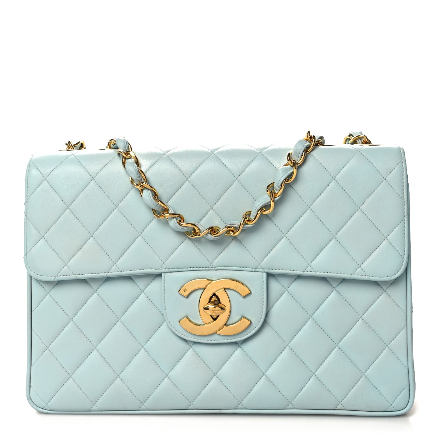 Lambskin Quilted Jumbo Single Flap Light Blue