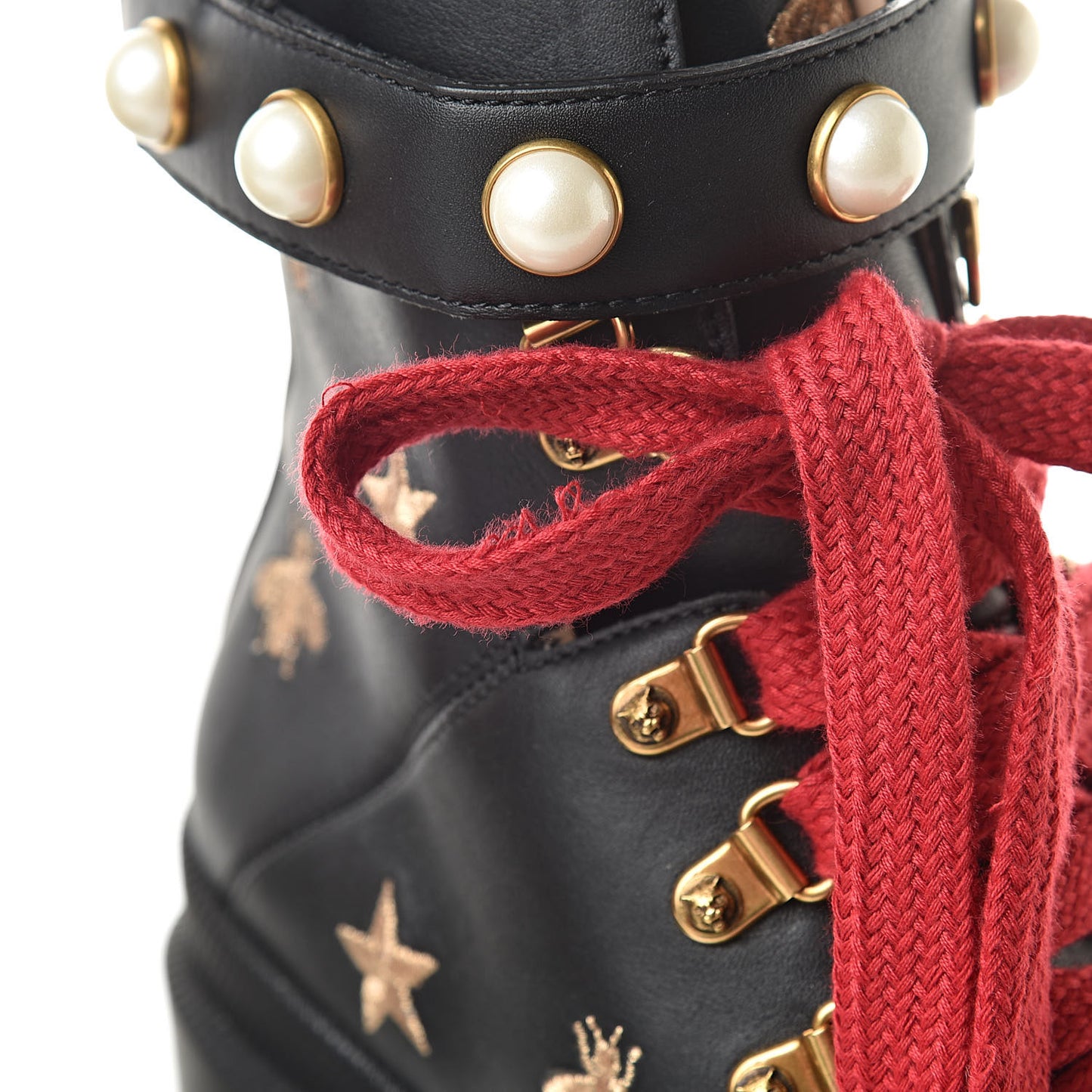 Calfskin Embroidered Lace Up Combat Ankle Boots 39 Black