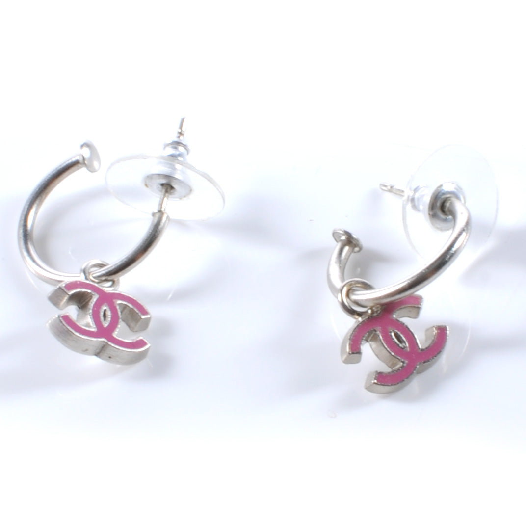 Chanel Enamel CC Hoop Earrings Pink Silver 1 of 4