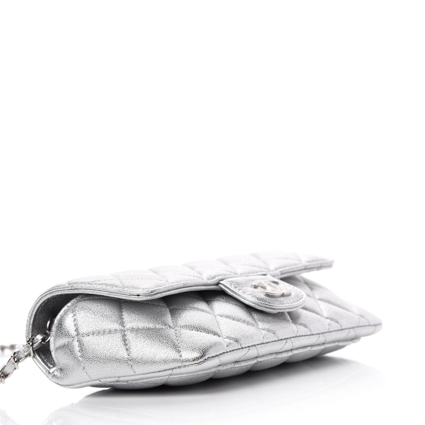 Metallic Lambskin Quilted Glasses Case With Chain Silver