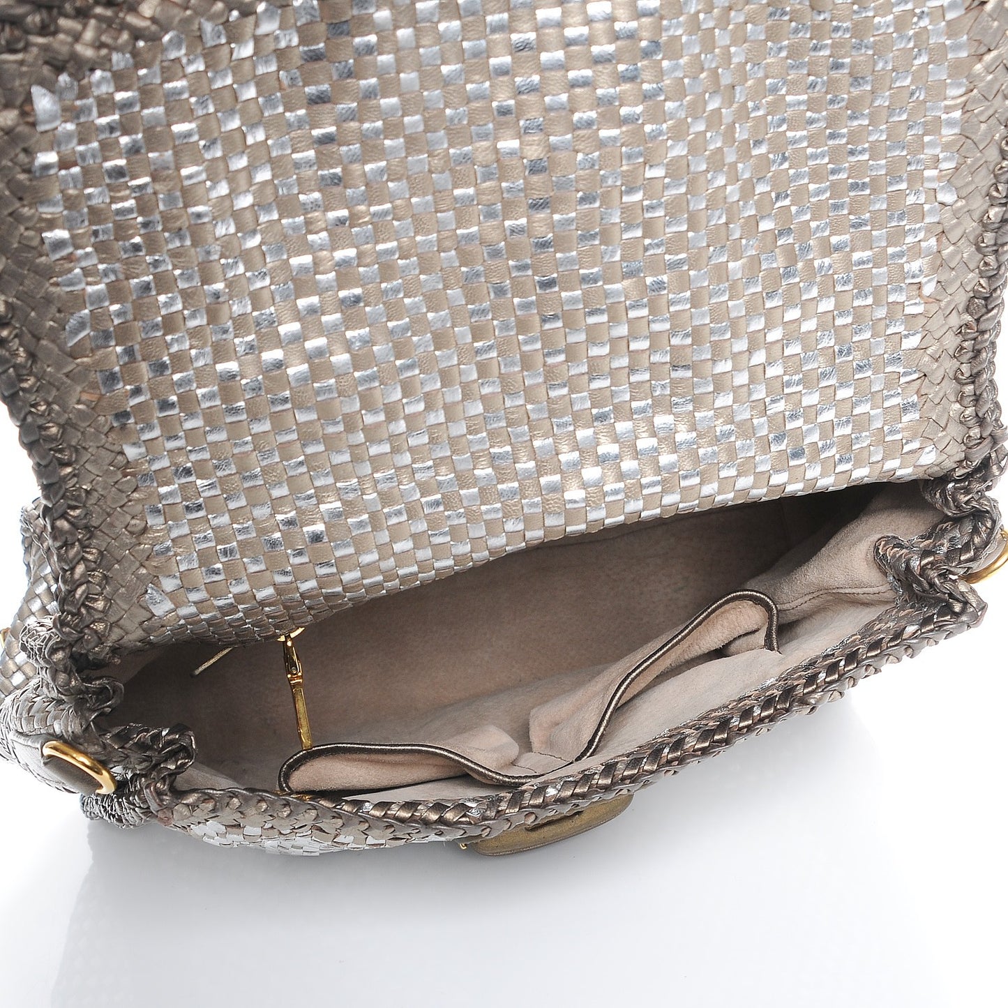 Metallic Goatskin Woven Top Handle Satchel Silver Gold
