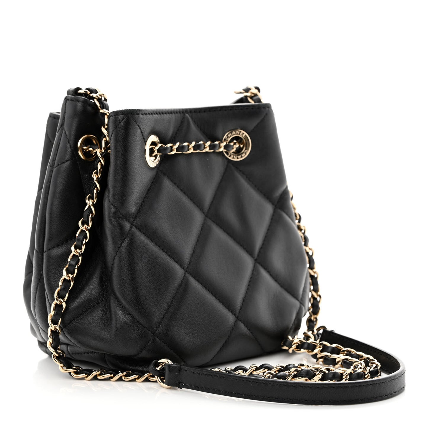 Lambskin Quilted CC Dweller Drawstring Bucket Bag Black