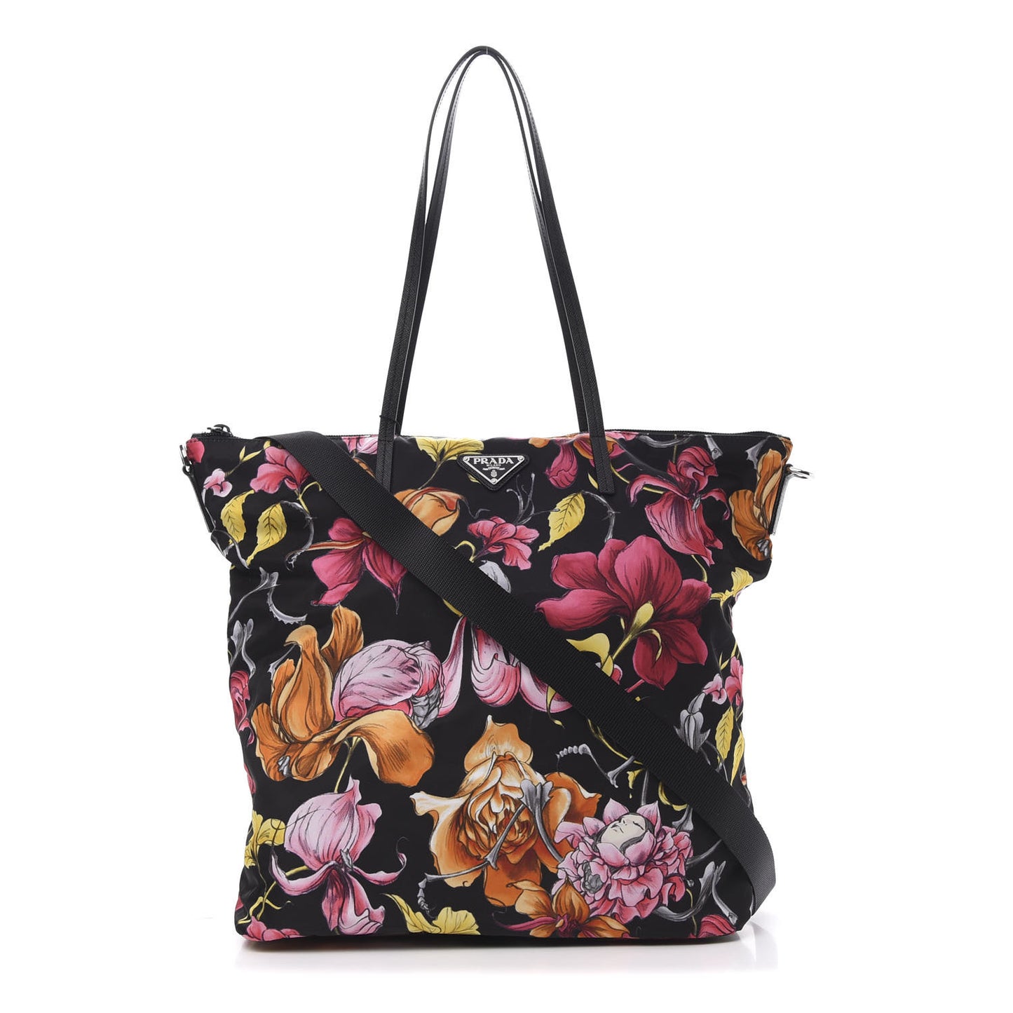 Tessuto Nylon Saffiano Floral Print Tote Black