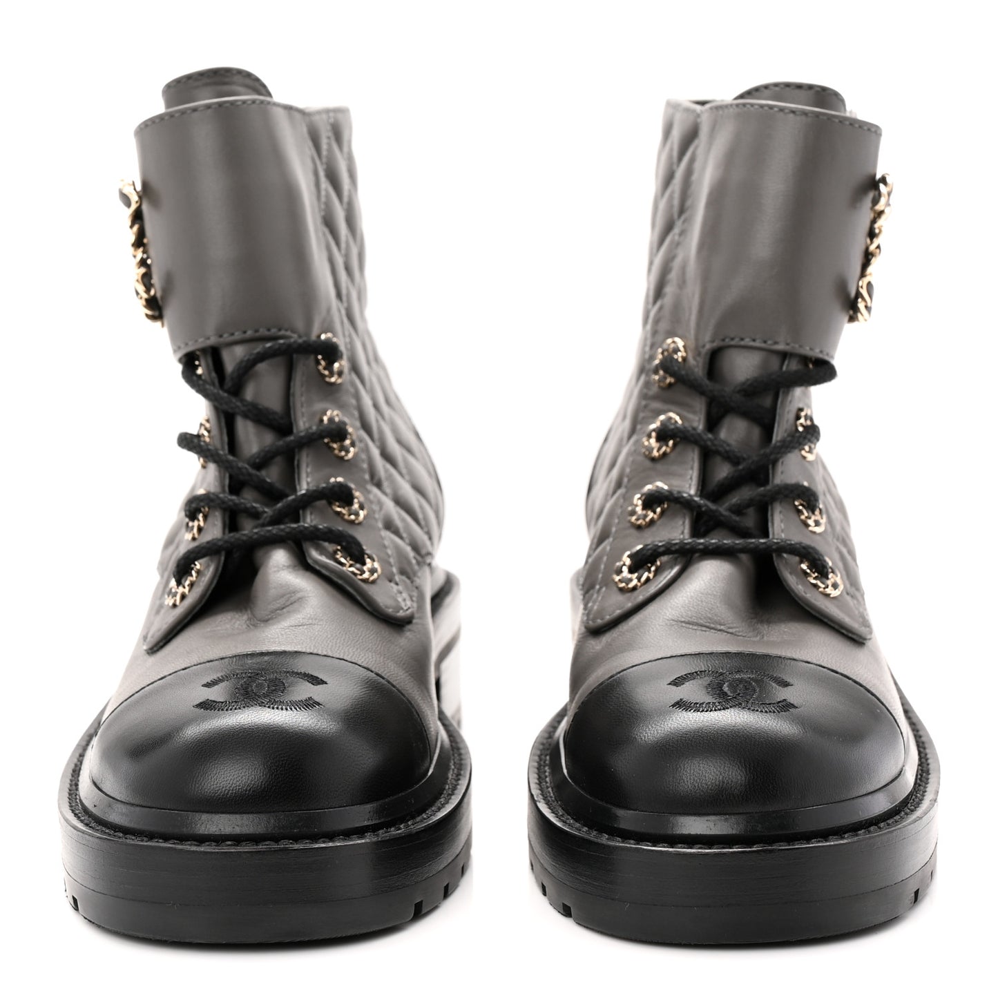 Shiny Lambskin Quilted Lace Up Combat Boots 37 Grey Black