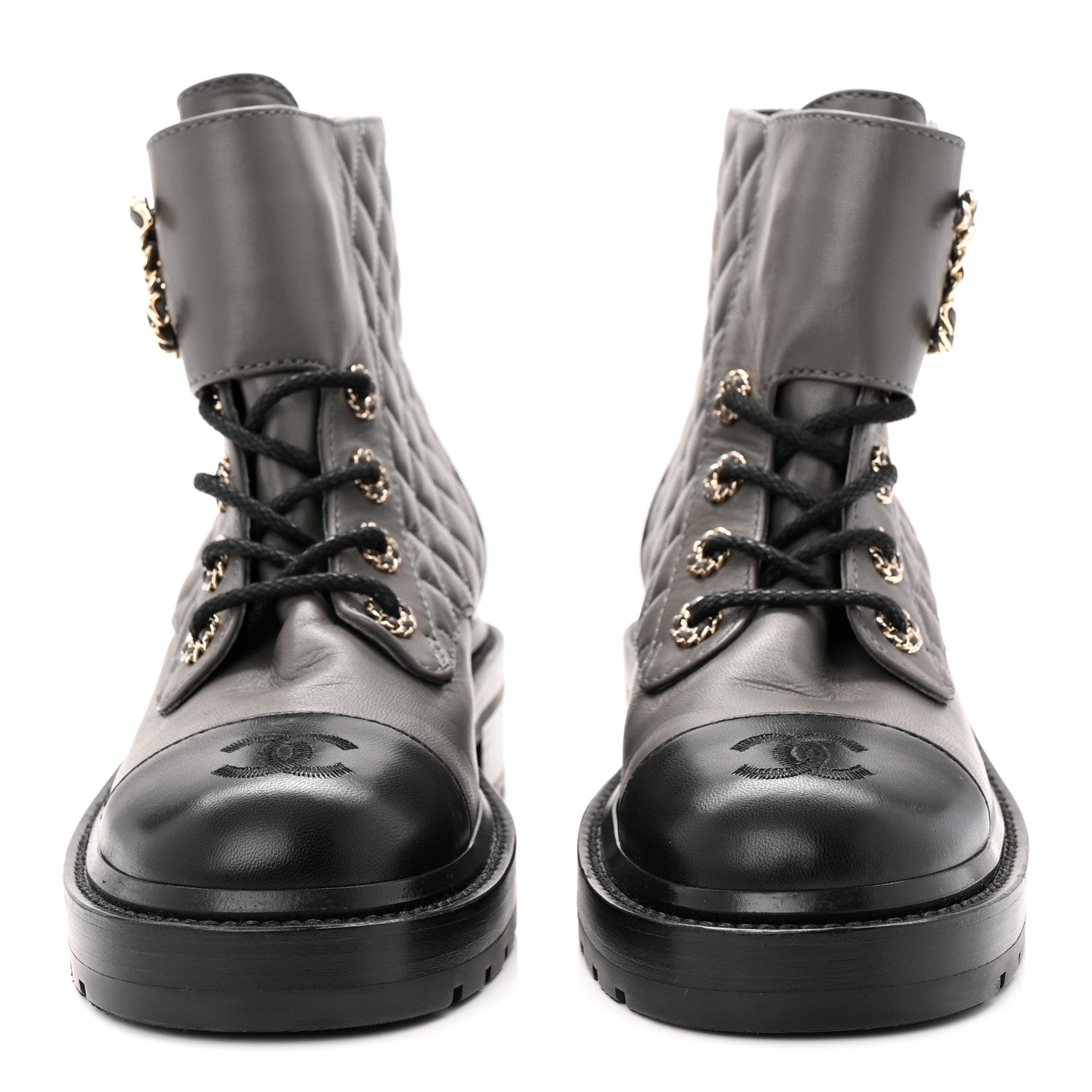 Chanel Shiny Lambskin Quilted Lace Up Combat Boots 37 Grey Black 2 of 11