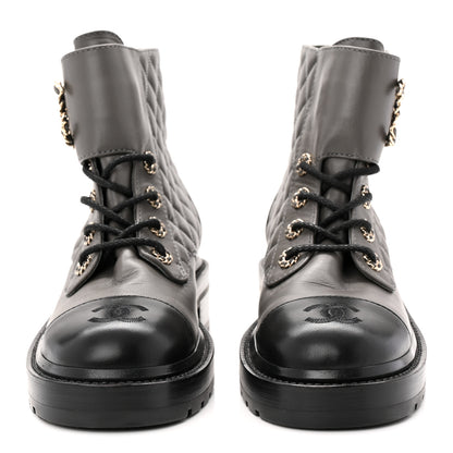 Chanel Shiny Lambskin Quilted Lace Up Combat Boots 37 Grey Black 2 of 11