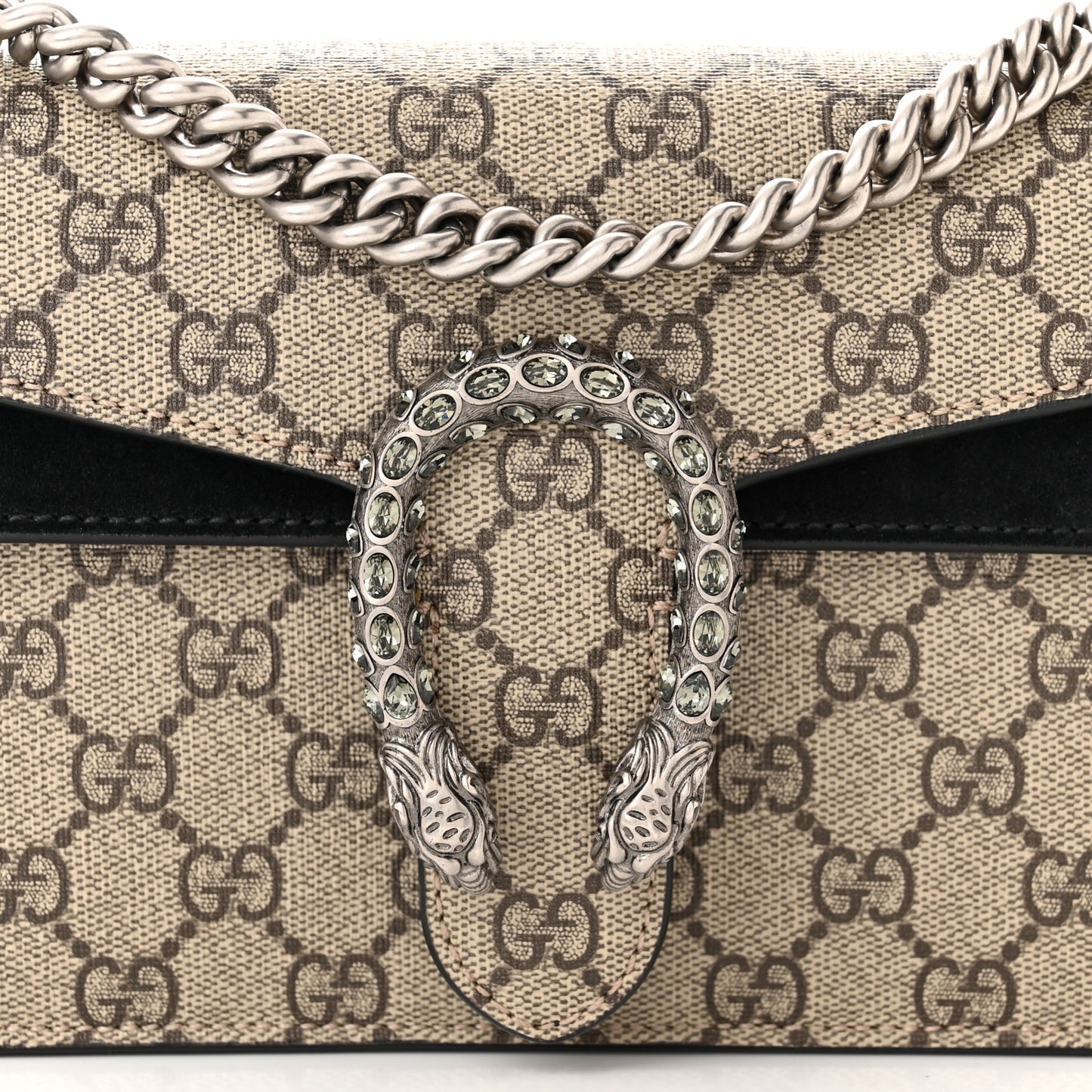 GG Supreme Monogram Suede Crystal Small Dionysus Shoulder Bag Beige Ebony Black