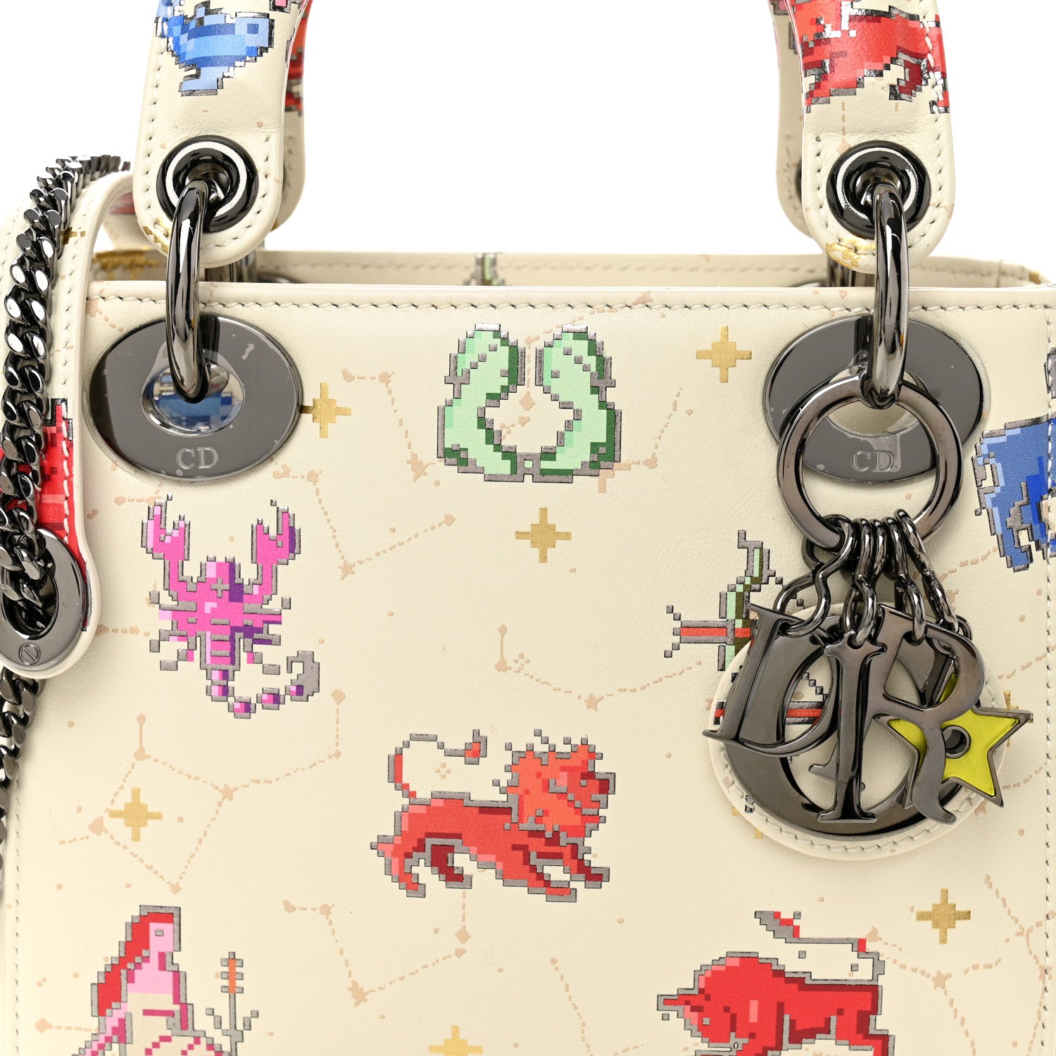 Christian Dior Calfskin Pixel Zodiac Mini Lady Dior White