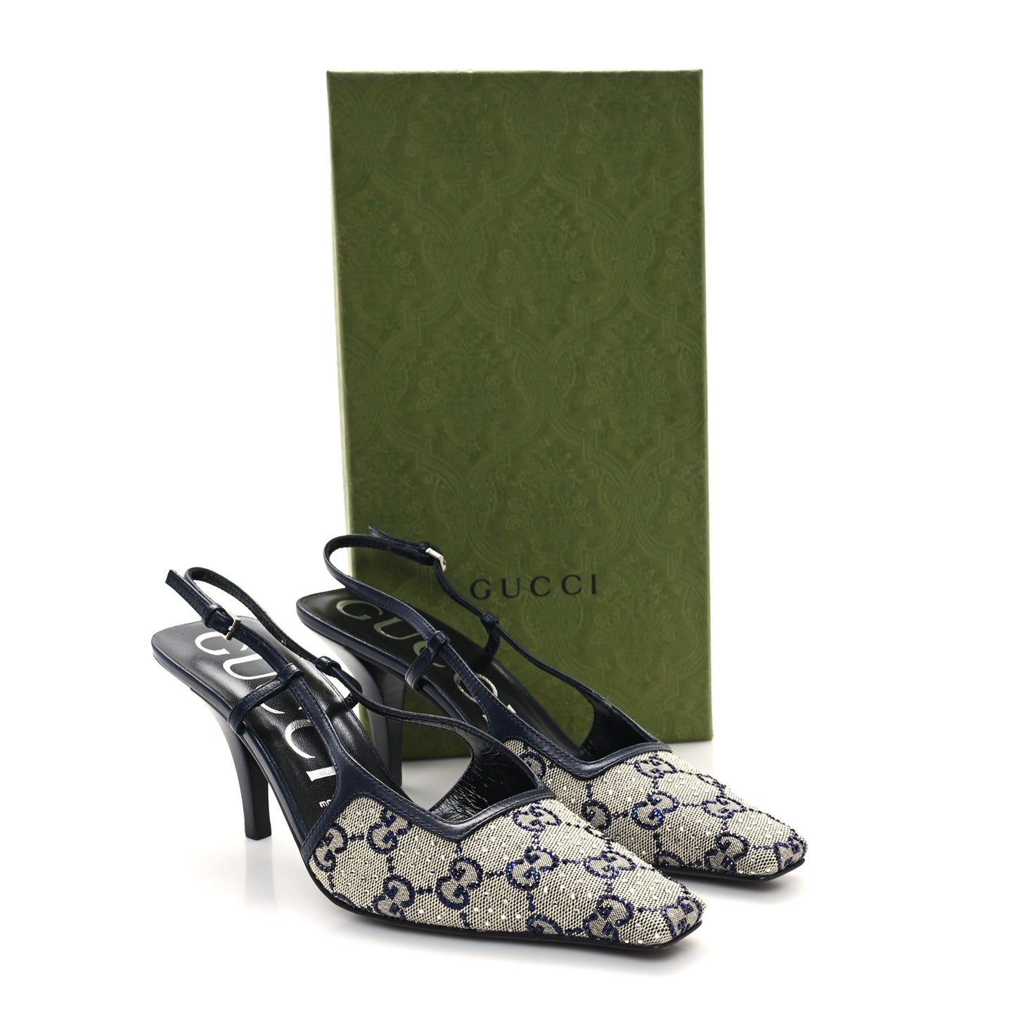 GG Monogram Malaga Kid Crystal Square G 75mm Slingback Pumps 38 Beige Blue