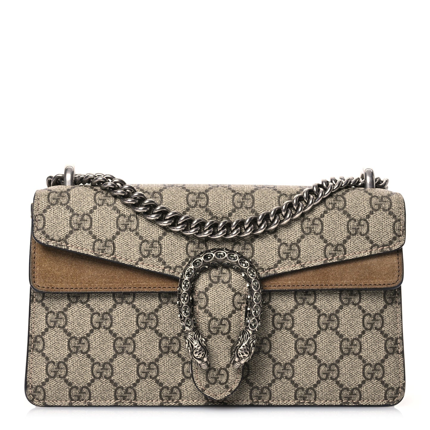 GG Supreme Monogram Suede Crystal Small Dionysus Shoulder Bag Beige Ebony Taupe