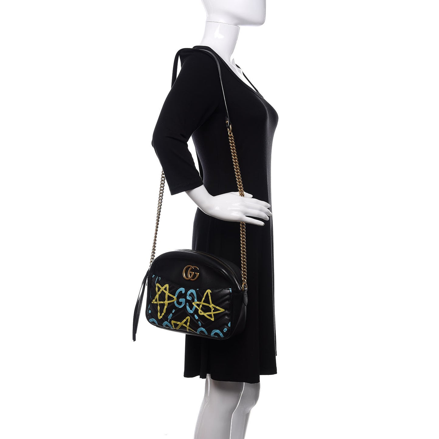 Calfskin Matelasse GucciGhost Medium GG Marmont Chain Shoulder Bag Black New Acquamarine