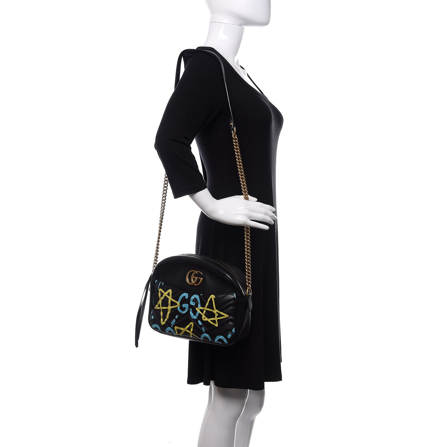 Gucci Calfskin Matelasse GucciGhost Medium GG Marmont Chain Shoulder Bag Black New Acquamarine 2 of 11