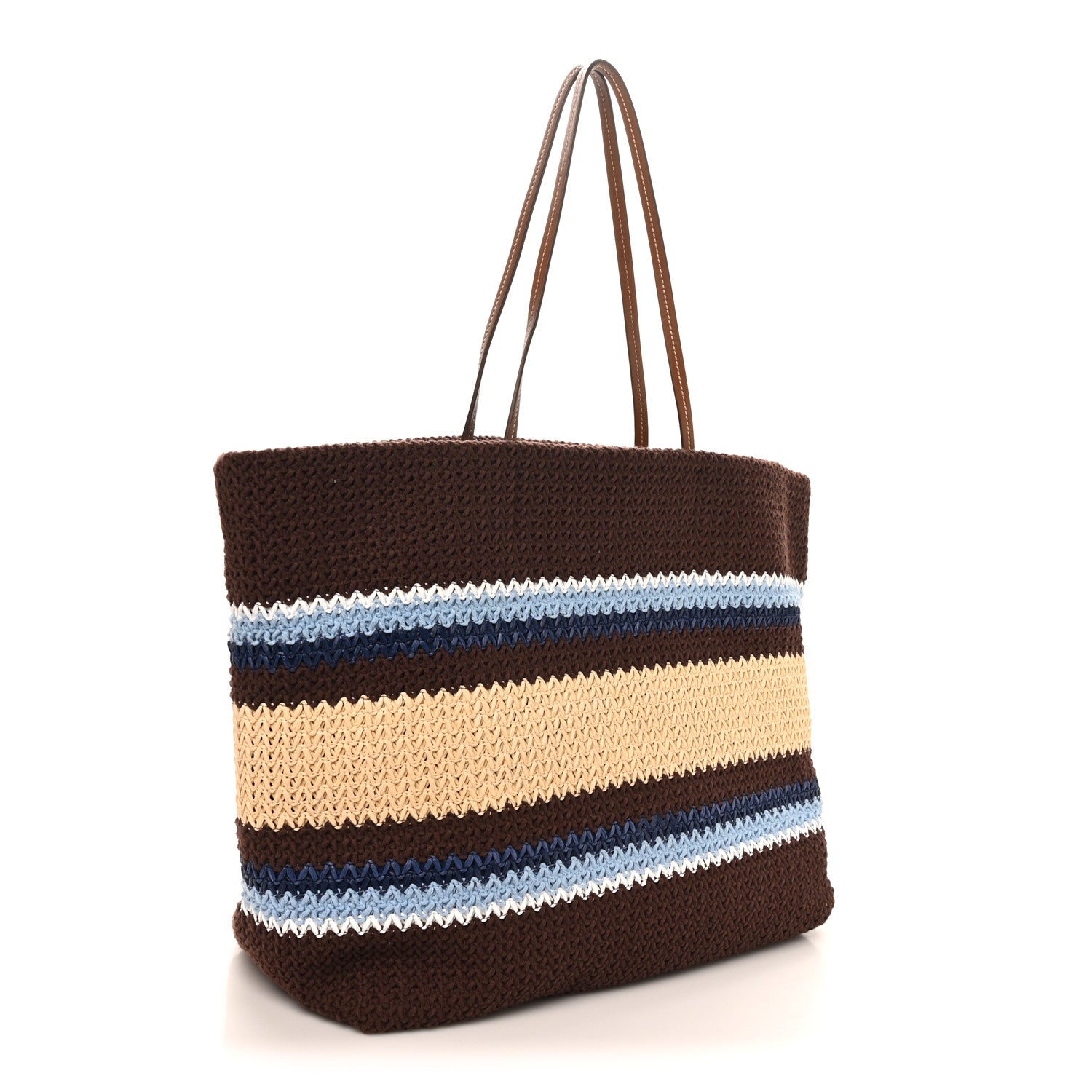 Miu Miu Raffia Effect Crochet Large Woven Tote Cocoa Brown Celeste