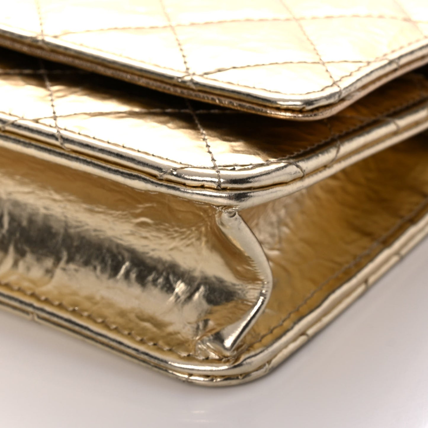 Hammered Metallic Calfskin Quilted Wallet On Chain WOC Gold