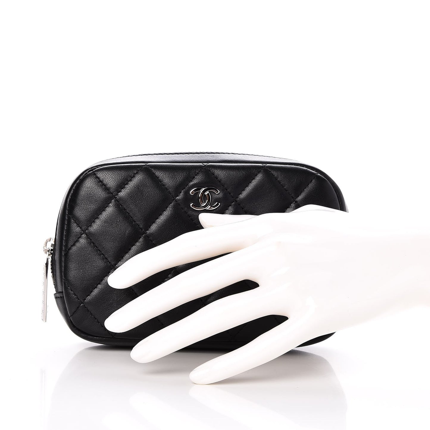 Lambskin Quilted Small Curvy Pouch Cosmetic Case Black