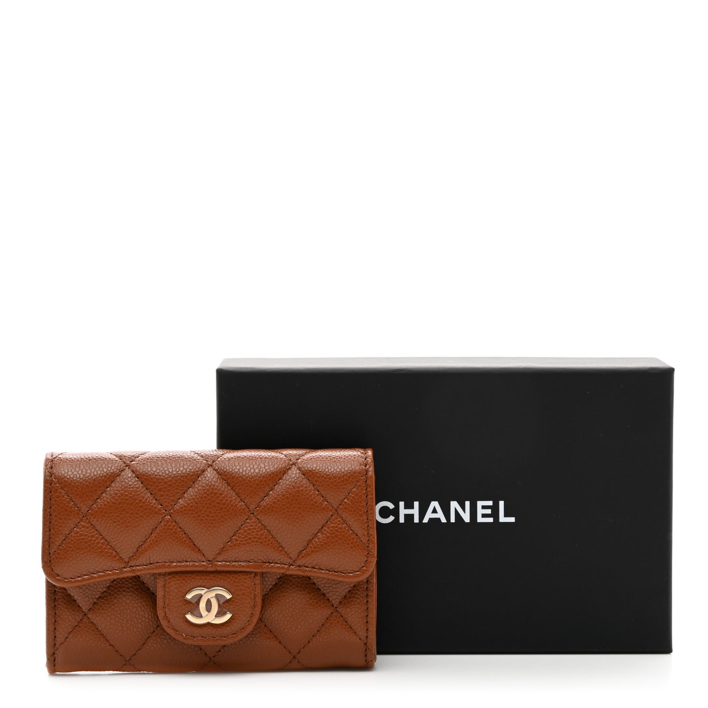 Caviar Quilted Flap Card Holder Wallet Light Brown
