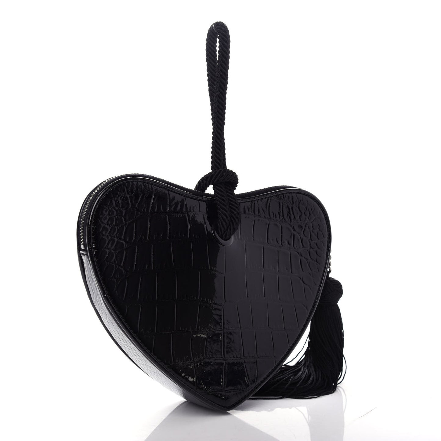 Patent Crocodile Embossed Sac Coeur Heart Shaped Clutch Black