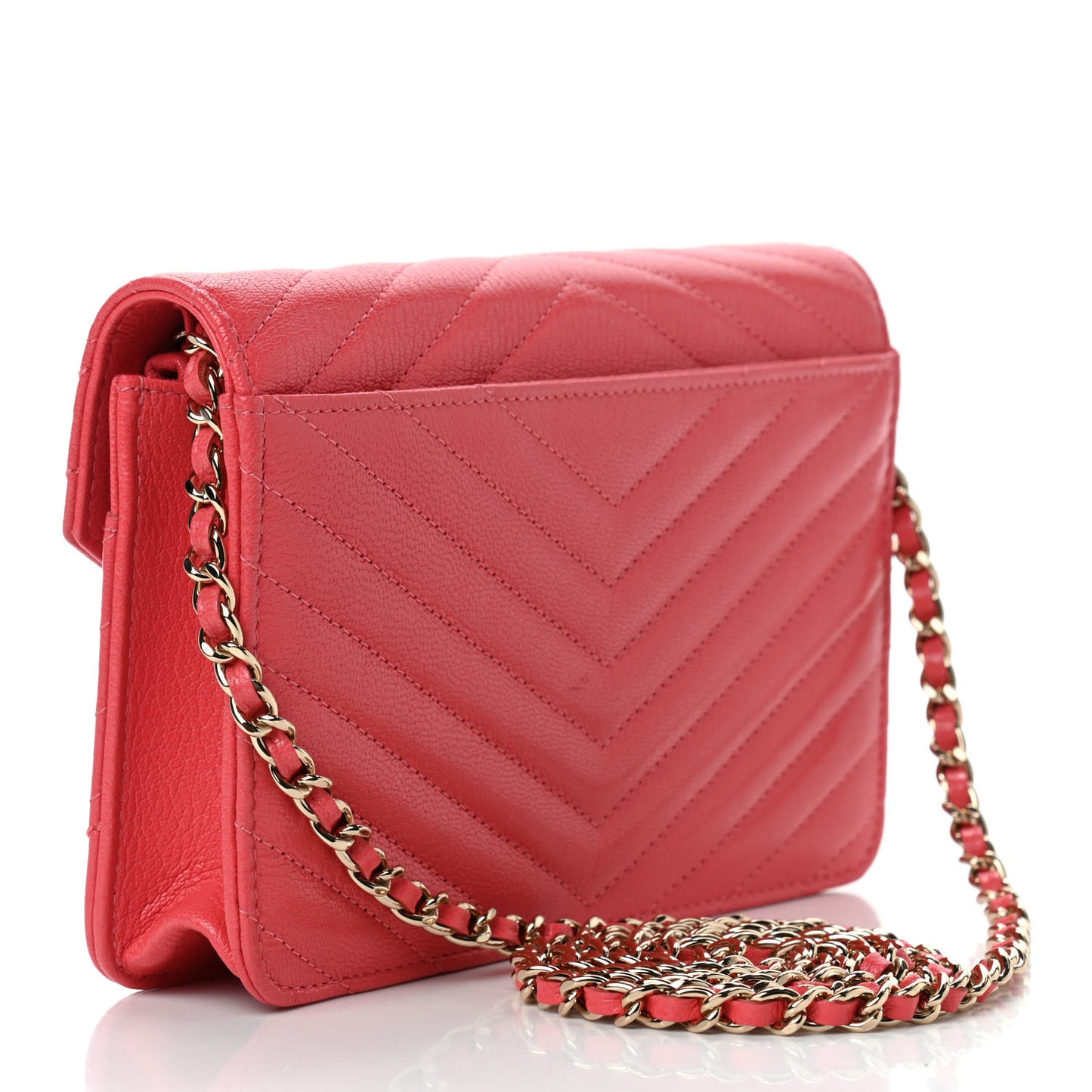 Shiny Goatskin Chevron Quilted Statement Wallet On Chain WOC Red