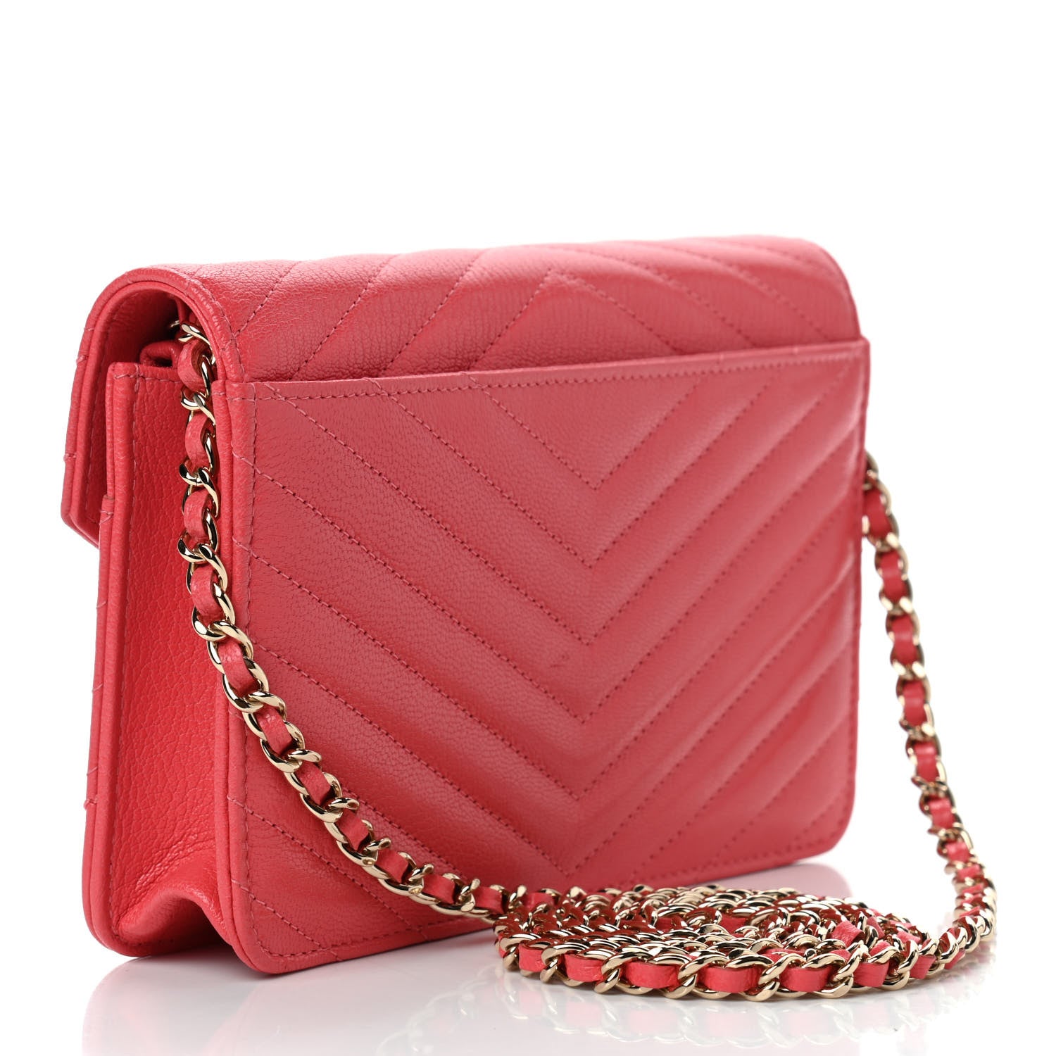 Chanel Shiny Goatskin Chevron Quilted Statement Wallet On Chain WOC Red 3 of 12