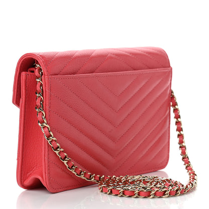 Chanel Shiny Goatskin Chevron Quilted Statement Wallet On Chain WOC Red 3 of 12