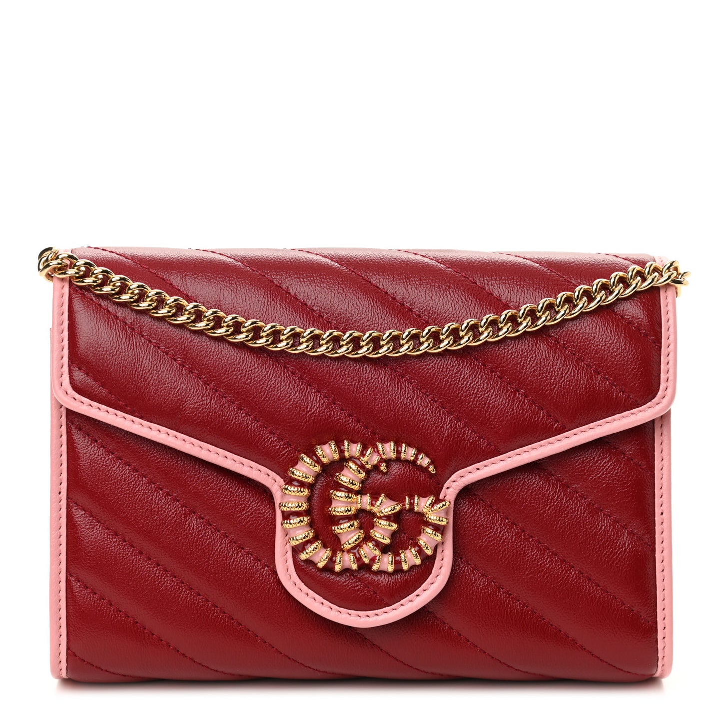 Azalea Calfskin Enamel Matelasse Diagonal Torchon GG Marmont Chain Wallet New Cherry Red Wild Rose