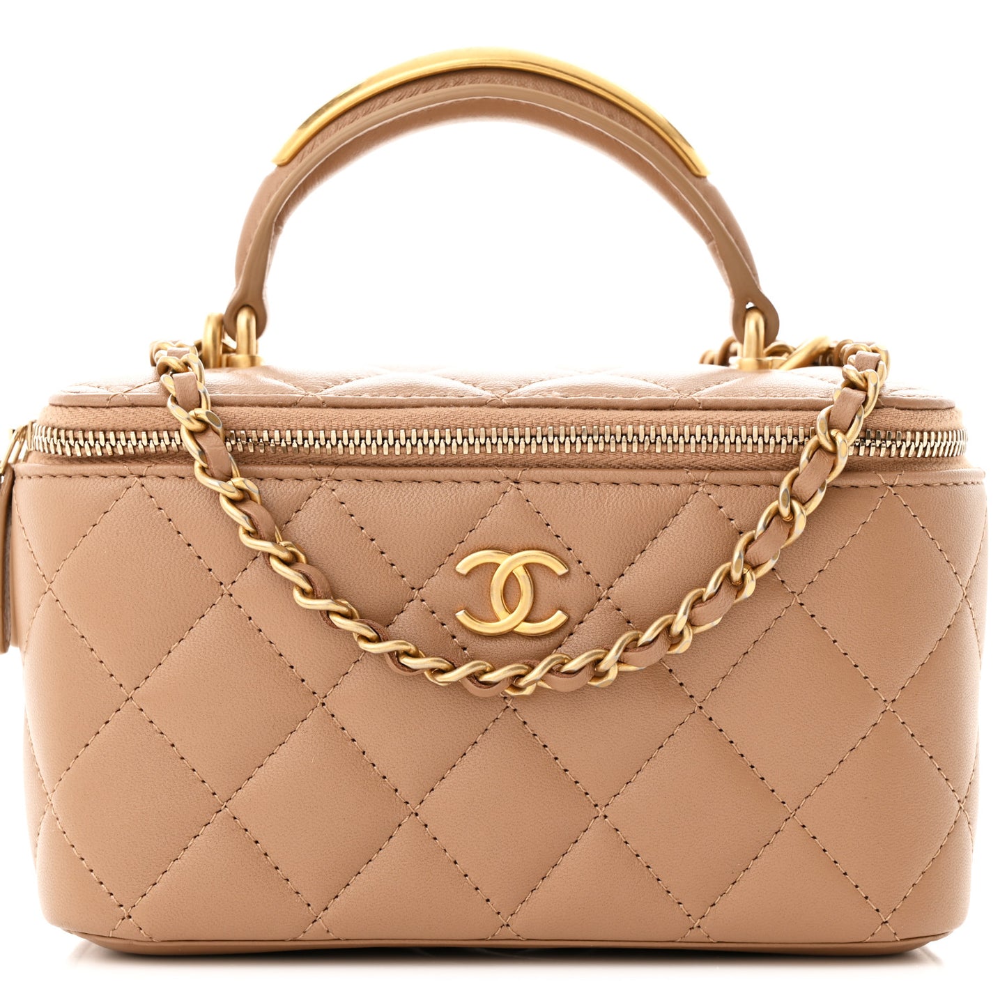 Lambskin Quilted Metal Small Top Handle Vanity Case With Chain Beige