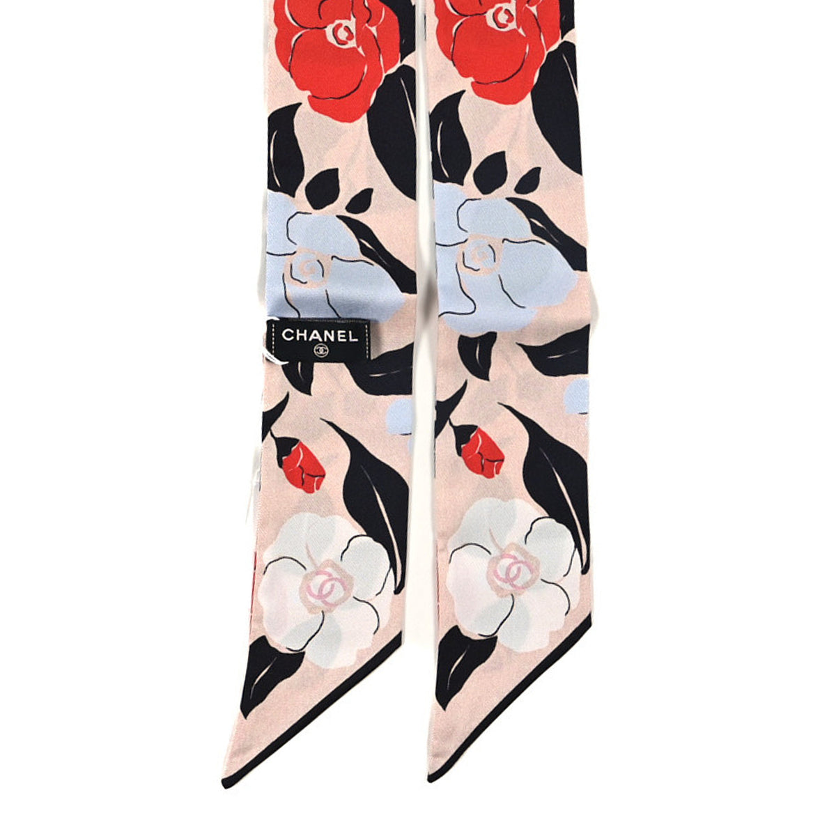 Chanel Silk Slim Camellia Bandeau Scarf Pink Red White Black 2 of 3