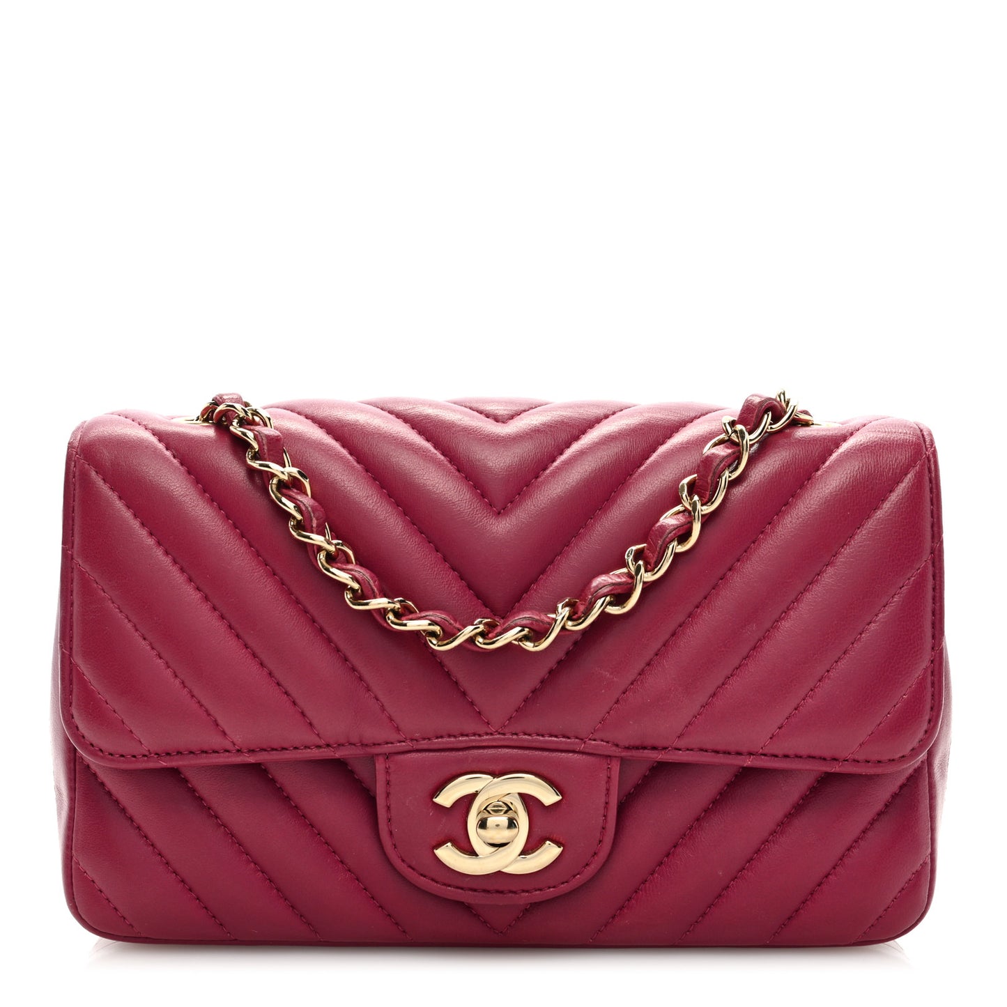 Lambskin Chevron Quilted Mini Rectangular Flap Dark Pink