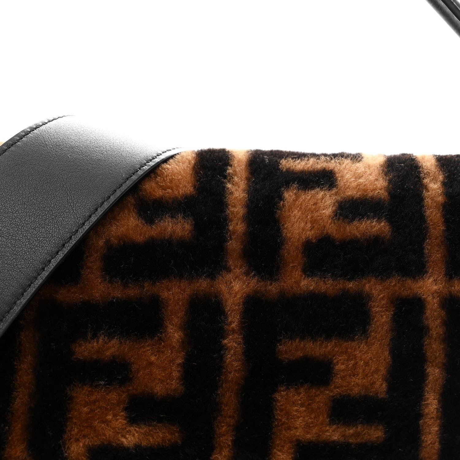 Fendi Shearling Vitello Dolce Macro FF 1974 Baguette Tobacco Black