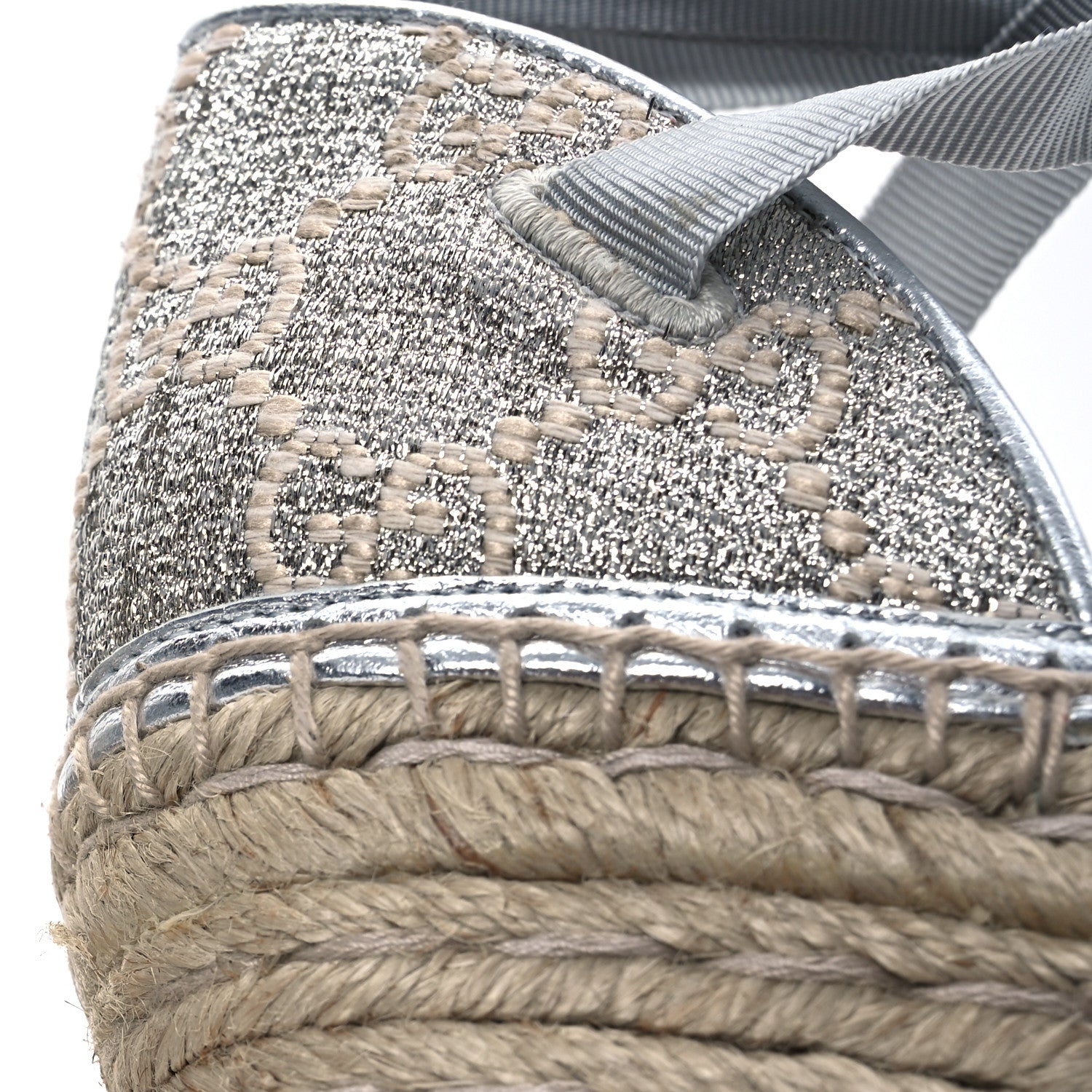 Gucci Lame GG Monogram Ankle Wrap Platform Espadrille Wedges 39 Silver Beige Light Grey 10 of 12