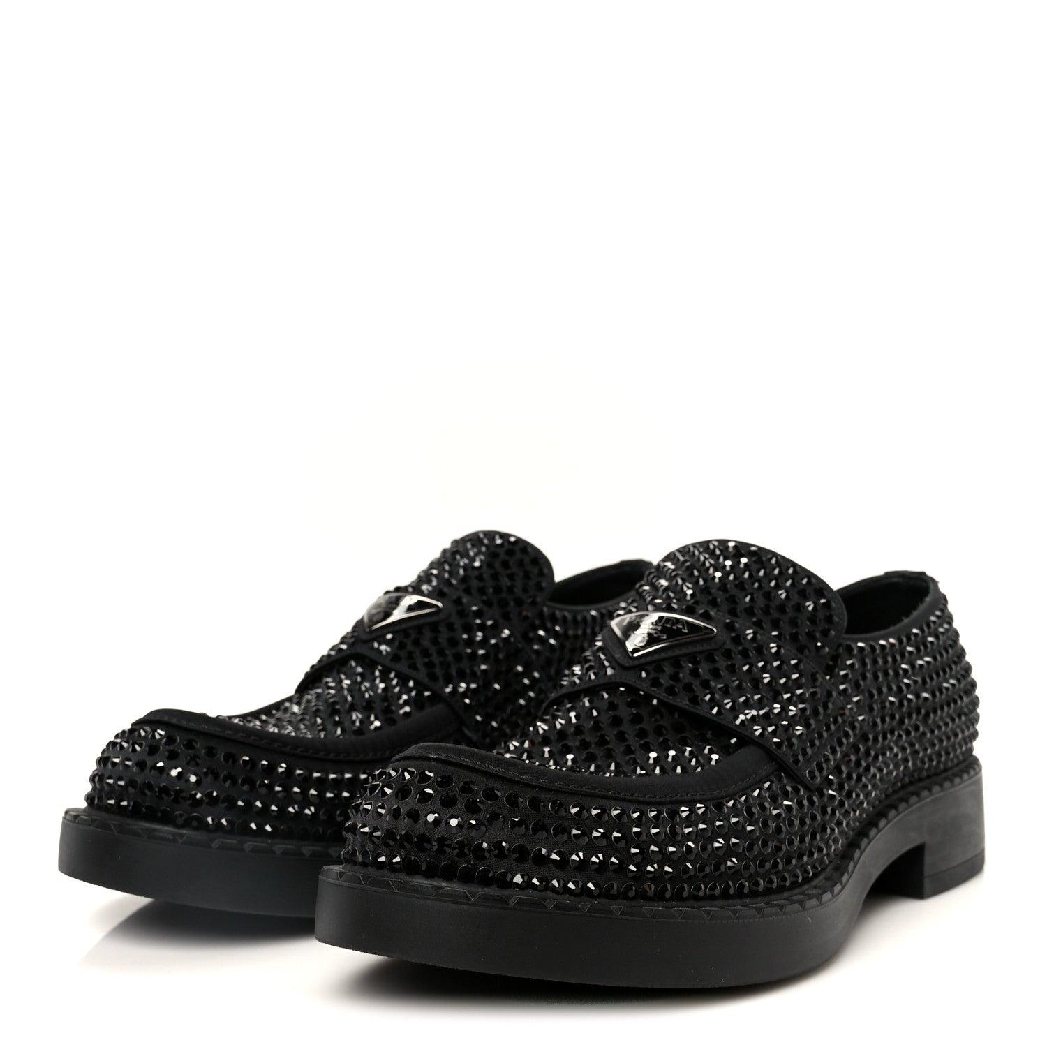 Prada Satin Crystal Metal Triangle Logo Mens Loafers  8.5 Black 4 of 12
