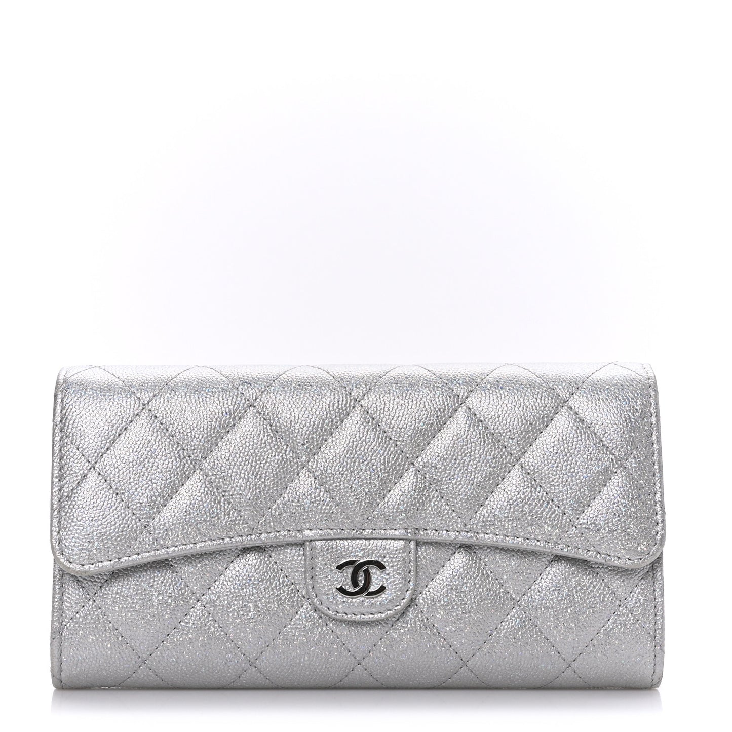 Glittered Metallic Caviar Quilted Large Flap Wallet Silver