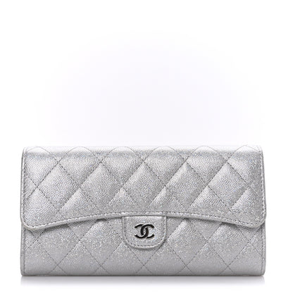 Chanel Glittered Metallic Caviar Quilted Large Flap Wallet Silver 1 of 8