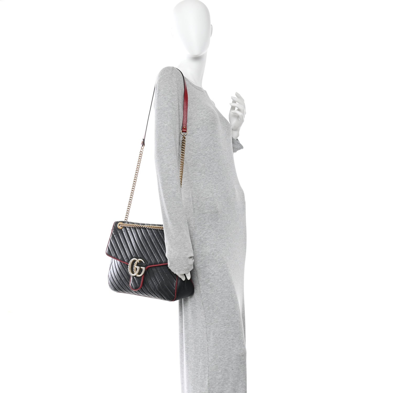 Gucci Vintage Effect Calfskin Matelasse Diagonal Large Torchon GG Marmont Shoulder Bag Black Romantic Cherry 2 of 13