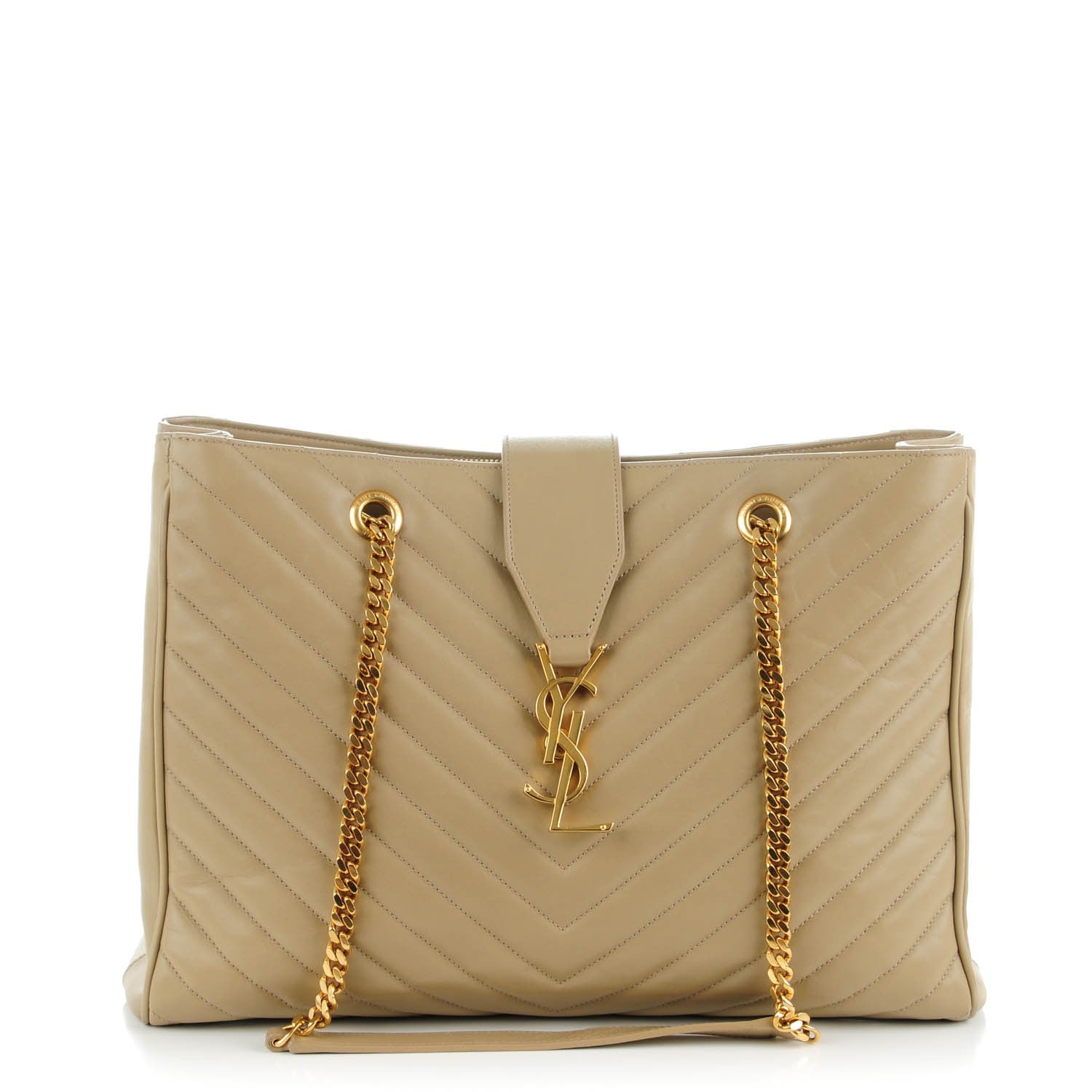 Saint Laurent Lambskin Matelasse Chevron Monogram Cassandre Shopper Dark Beige 1 of 8