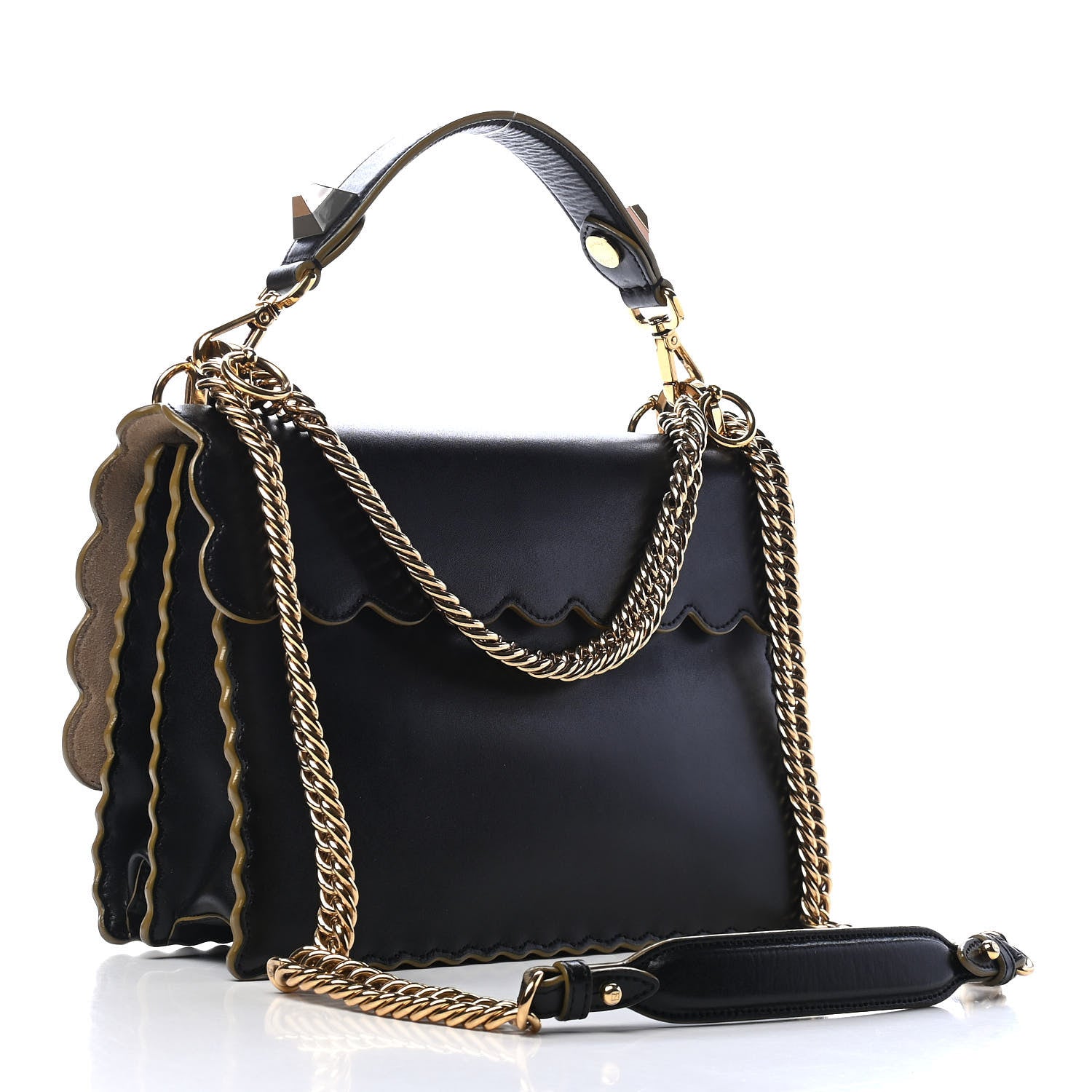 Fendi Vitello Liberty Scalloped Studded Kan I Shoulder Bag Black 2 of 9